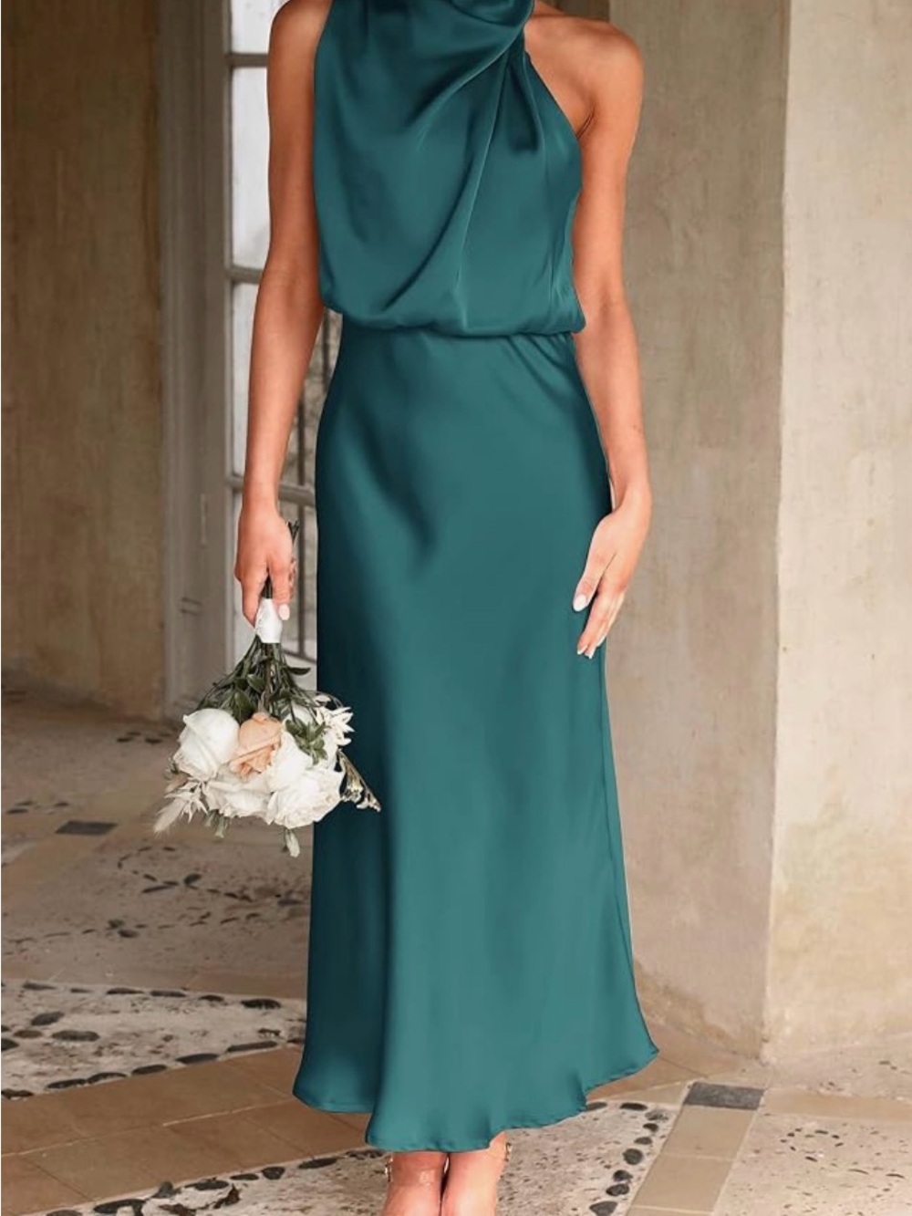 Sleeveless Silk Womens Maxi Dress Green Mock Neck Wedding Guest Fit and Flare